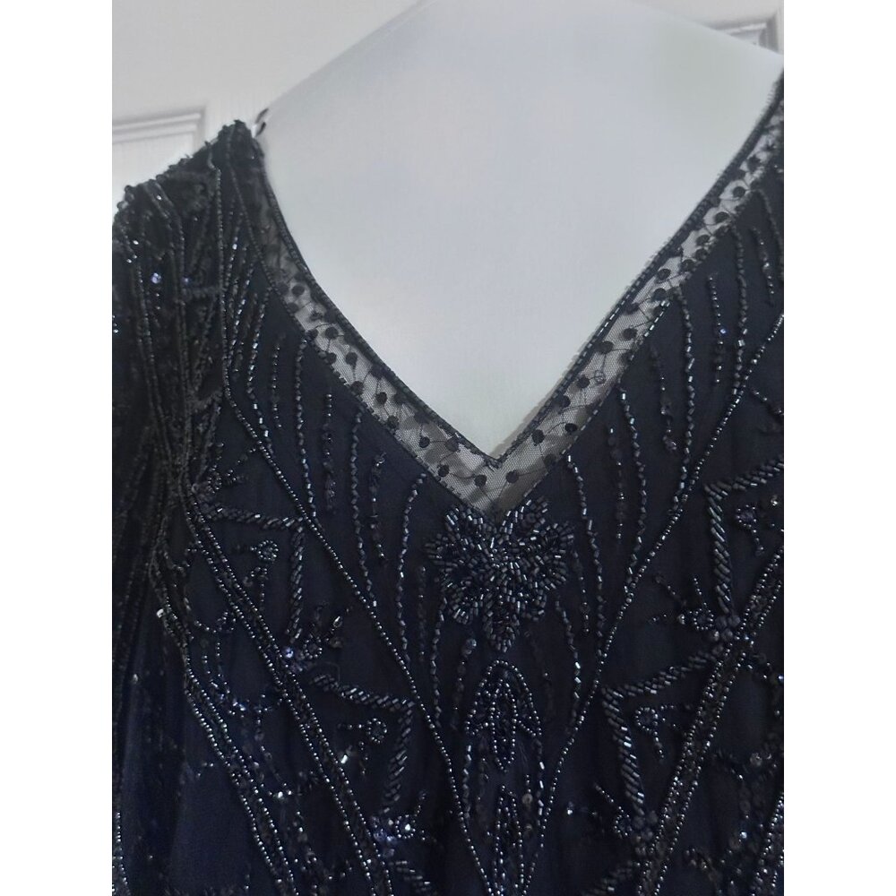 Cristina Wu Navy Beaded V-Neck Gown Size 20W Elegant Formal Dress Sheer Sleeves - Picture 7 of 13